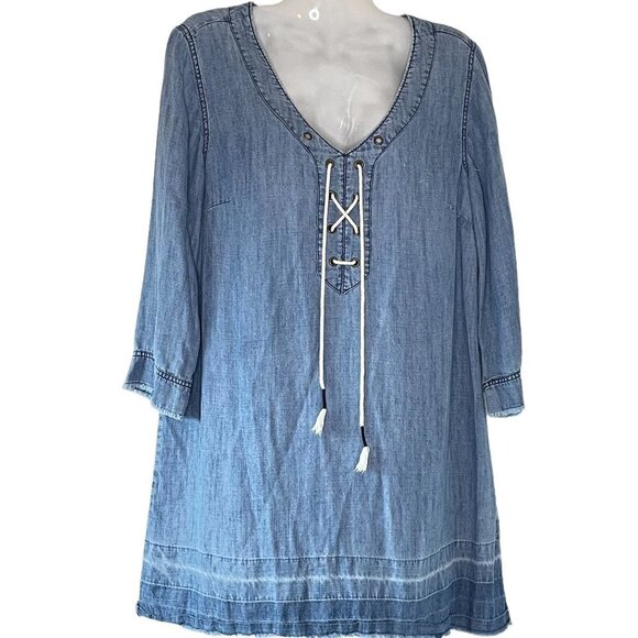 Michael Stars Linen Tencel Blend Chambray Tunic has Faux Lace-up Neckline Medium - Picture 1 of 8